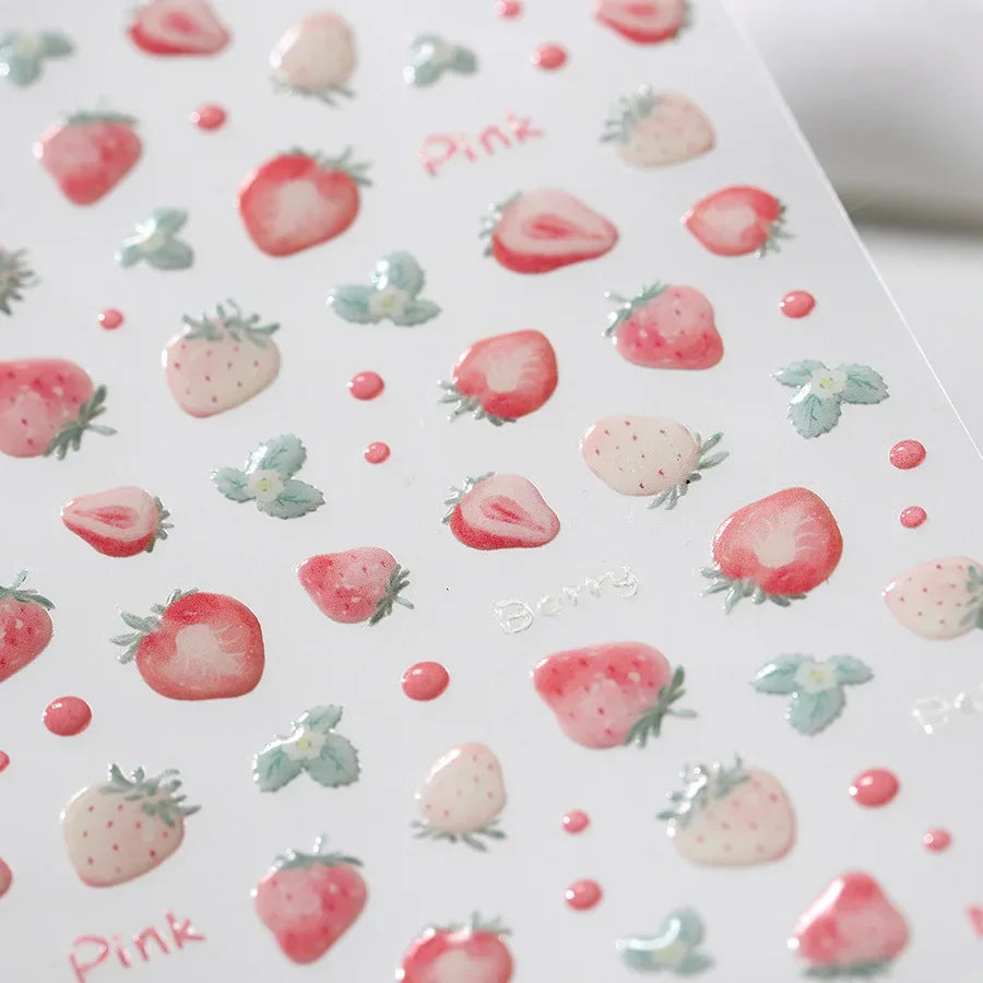 Close-up of Blushimmer cherry-shaped 5D nail art stickers with shiny rhinestones, perfect for DIY manicure decoration.