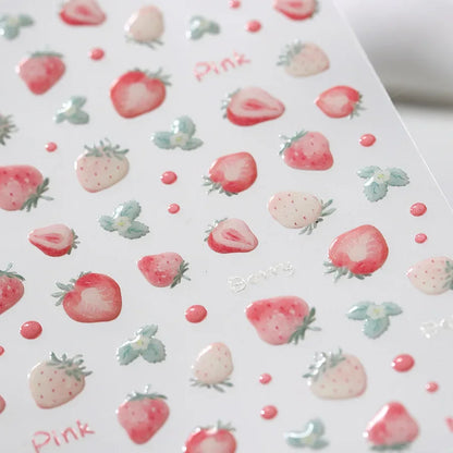 Close-up of Blushimmer cherry-shaped 5D nail art stickers with shiny rhinestones, perfect for DIY manicure decoration.