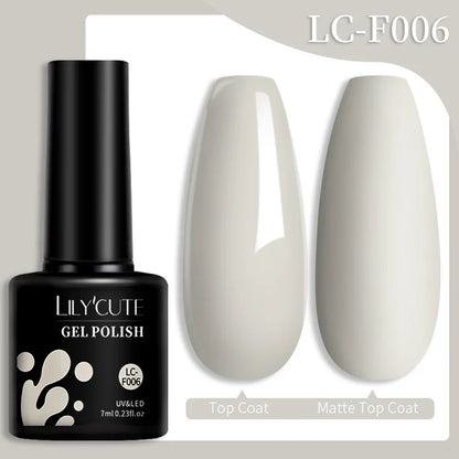 Colorful Lilycute 7ml gel nail polish bottles featuring 129 shades for long-lasting manicures and nail art designs.