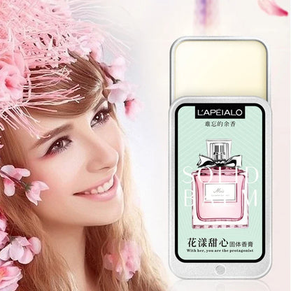 Blushimmer woman body pheromone perfume solid balm with long-lasting, light fragrance in portable solid container.
