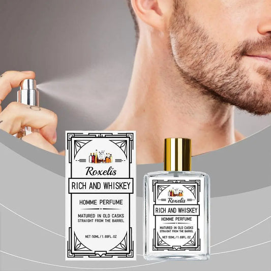 Men's perfume by Blushimmer featuring Charming Whiskey scent with pheromones, long-lasting, refreshing, elegant fragrance for dating.