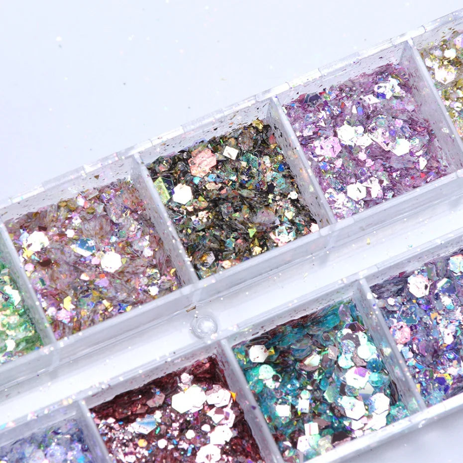 Iridescent mixed hexagon nail glitter sequins from Blushimmer with holographic flakes for nail art and gel polish manicure.