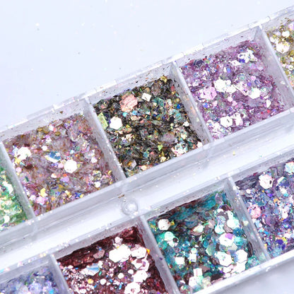 Iridescent mixed hexagon nail glitter sequins from Blushimmer with holographic flakes for nail art and gel polish manicure.