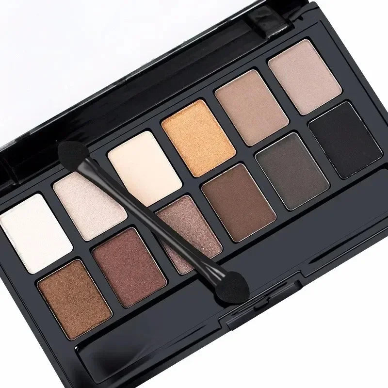 Blushimmer professional 12-color eyeshadow palette with natural shimmer and matte nude shades for eye makeup application.