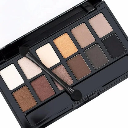 Blushimmer professional 12-color eyeshadow palette with natural shimmer and matte nude shades for eye makeup application.