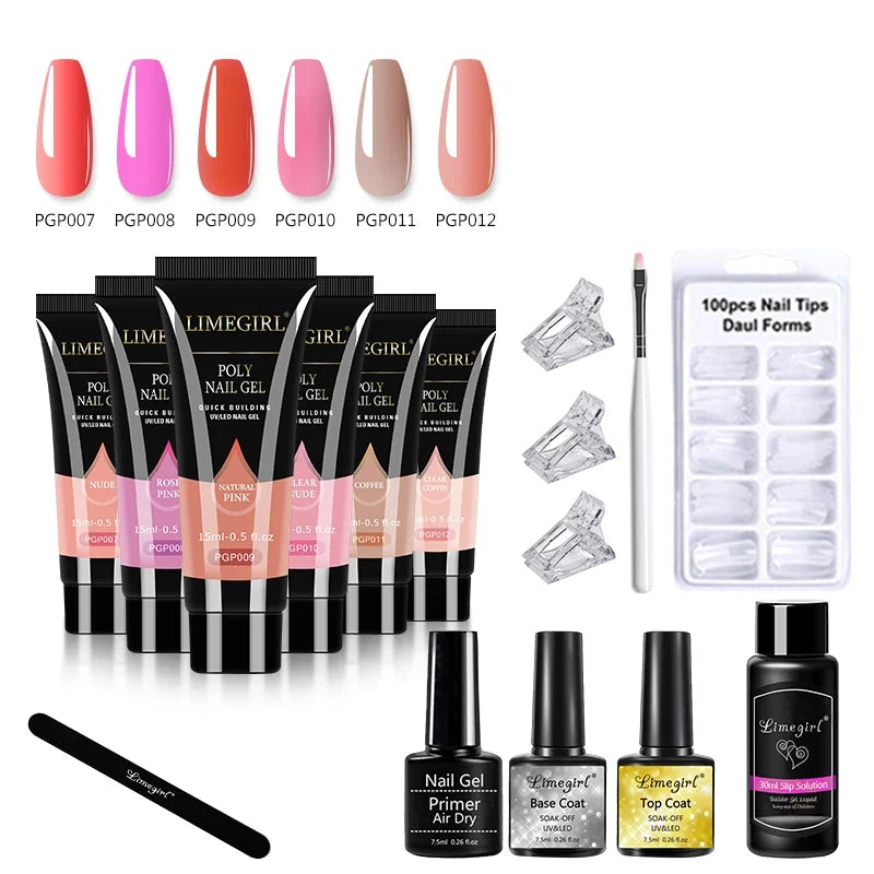 Blushimmer Limegirl 15ml extension nail gel set with 6W LED lamp, nail molds, and tools for quick full manicure extensions