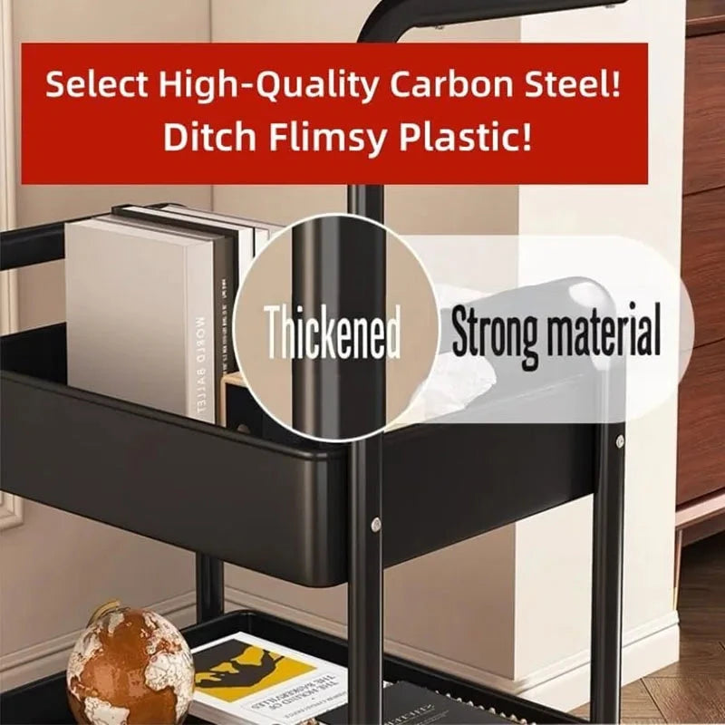 Three-tier metal rolling storage cart with walnut wood tabletop, lockable wheels, ideal for kitchen, bathroom, or craft organization.