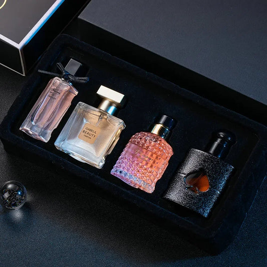 Blushimmer women's perfume set with four 100ml Eau de Parfum bottles featuring floral, fresh scents in a gift box.