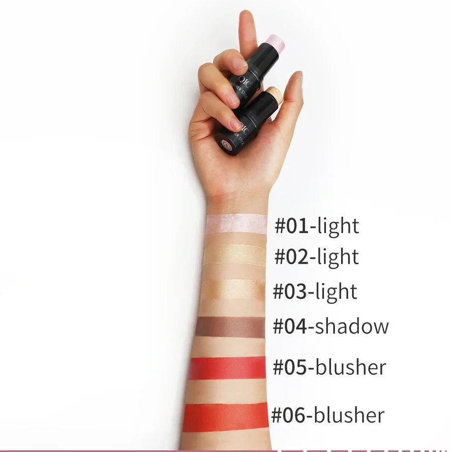 Blushimmer face contouring bronzer stick with highlighter, blush, and concealer for makeup, shown in a sleek cream tube.