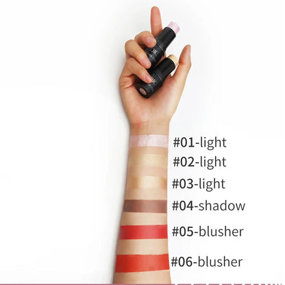 Blushimmer face contouring bronzer stick with highlighter, blush, and concealer for makeup, shown in a sleek cream tube.