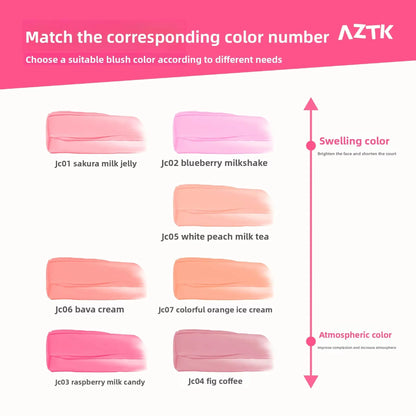 Blushimmer AZTK liquid blush in JC04 shade, showcasing a natural pink color on cheeks with a smooth, moisturizing finish.
