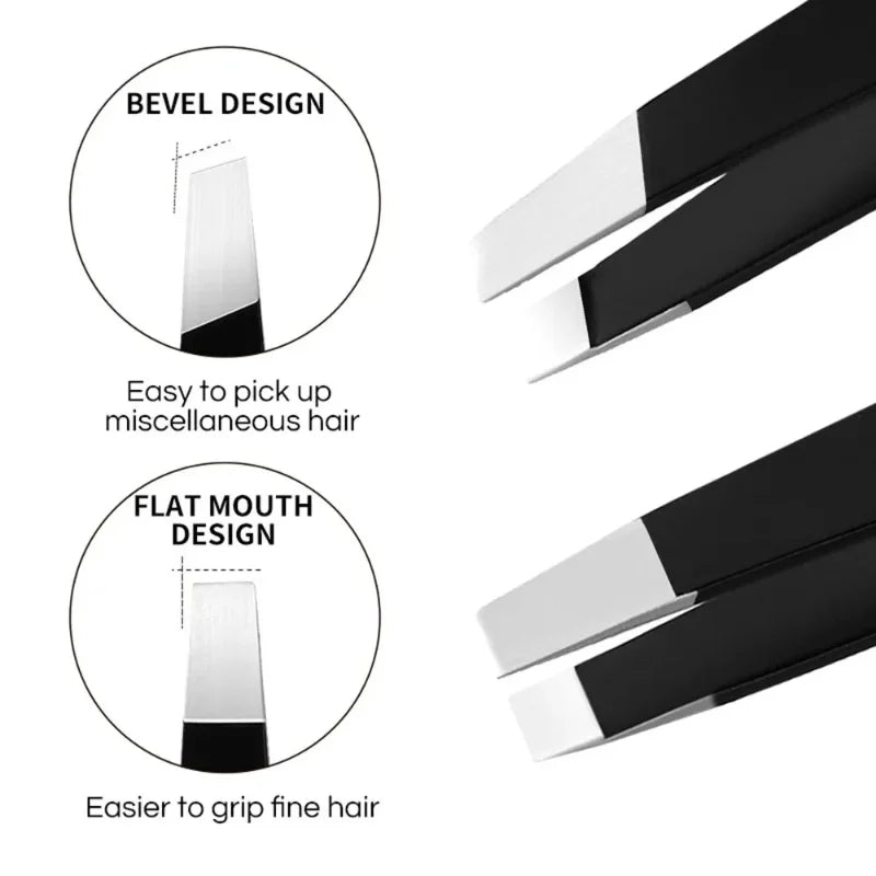 Black stainless steel eyebrow tweezer by Blushimmer with slant and flat tips for precise eyebrow grooming and ingrown hair removal.