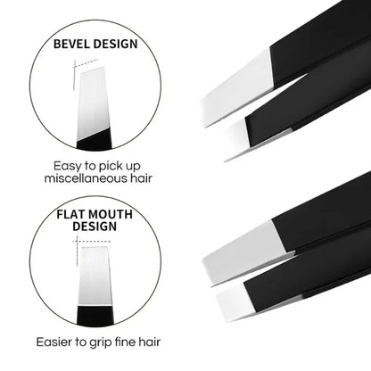 Black stainless steel eyebrow tweezer by Blushimmer with slant and flat tips for precise eyebrow grooming and ingrown hair removal.