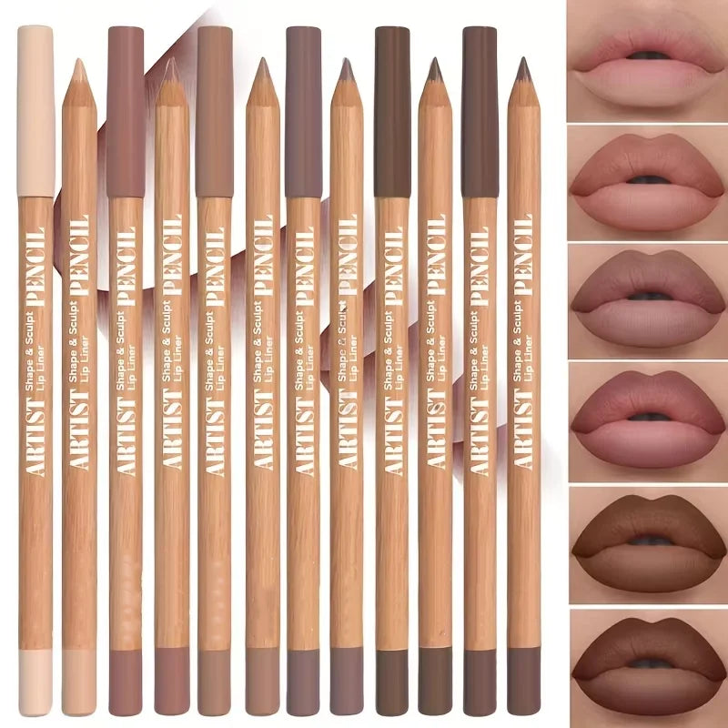 Six velvet matte lip liner pencils in berry, brown, and pink shades from Blushimmer, showcasing long-lasting lip makeup.