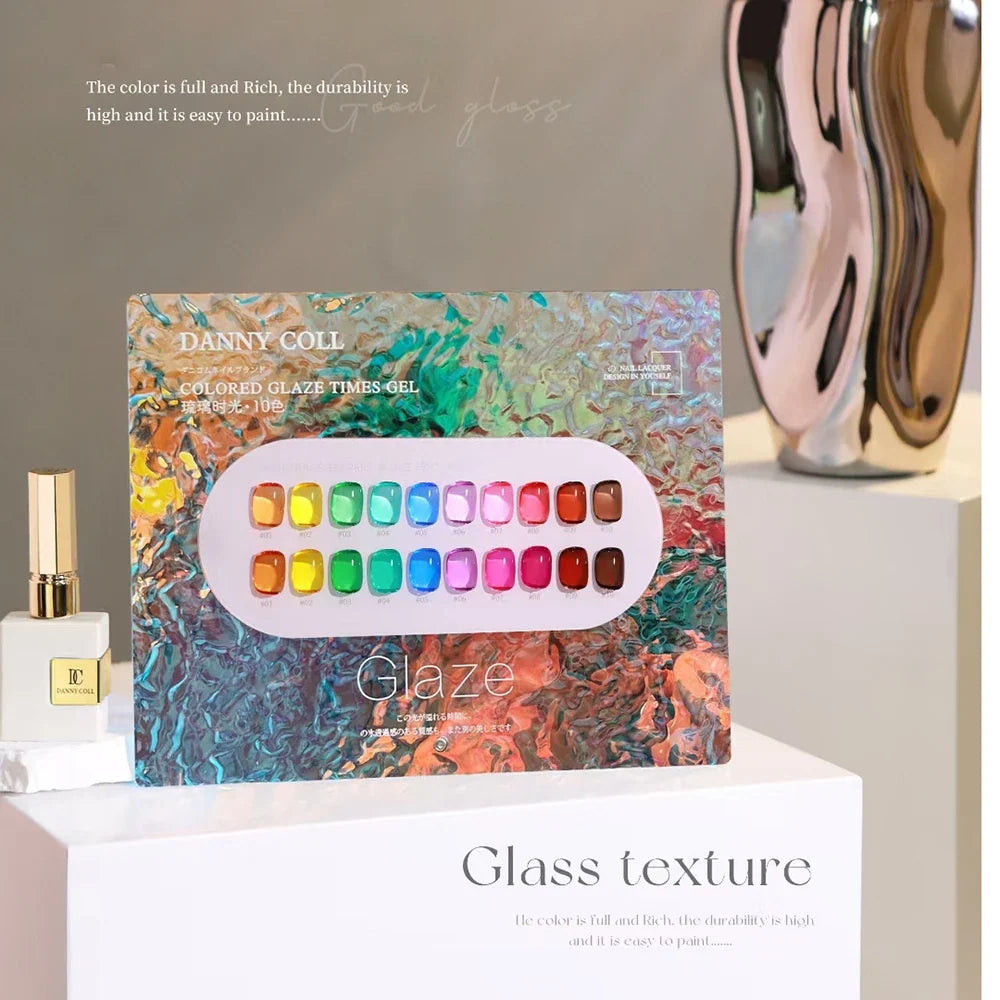 Blushimmer translucent gel nail polish set with vibrant jelly clear colors, suitable for LED and UV gel nail art, 15ml bottles.