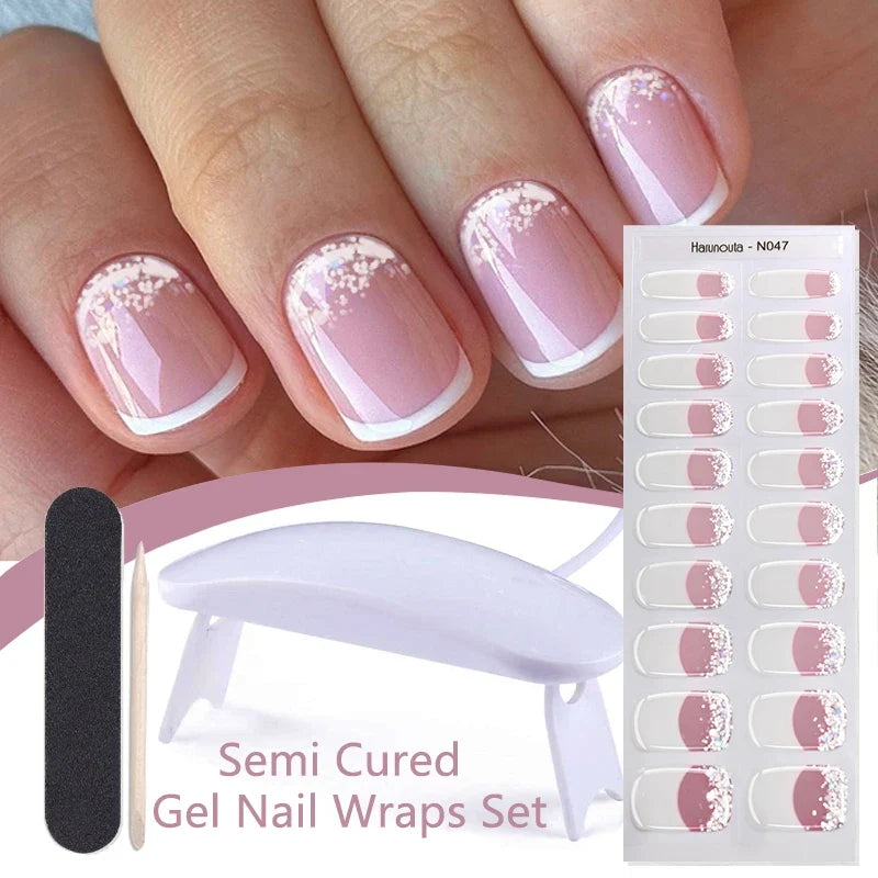 Blushimmer Harunouta 4-piece set of nude pink gradient gel nail strips with waterproof, semi-cured finish and nail lamp for long-lasting manicure