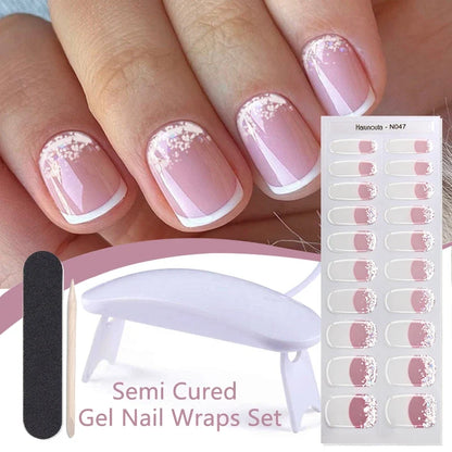Blushimmer Harunouta 4-piece set of nude pink gradient gel nail strips with waterproof, semi-cured finish and nail lamp for long-lasting manicure