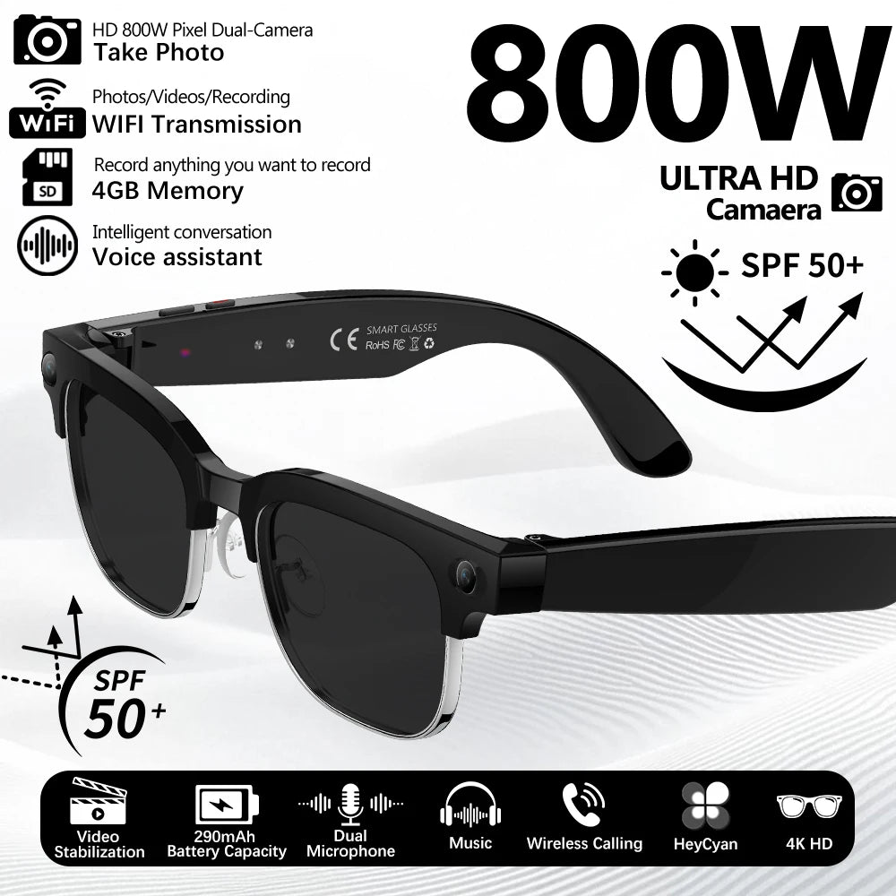 2026 New Smart Glasses 800W Ultra-Wide HD 4K Camera Video Recording 4GB AI Photo Recognition Bluetooth Call Translation Voice