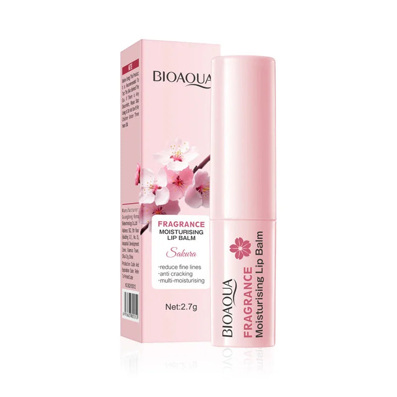 Blushimmer BIOAQUA Sakura lipstick set with cherry blossom design, moisturizing and nourishing lip balm for bright, hydrated lips
