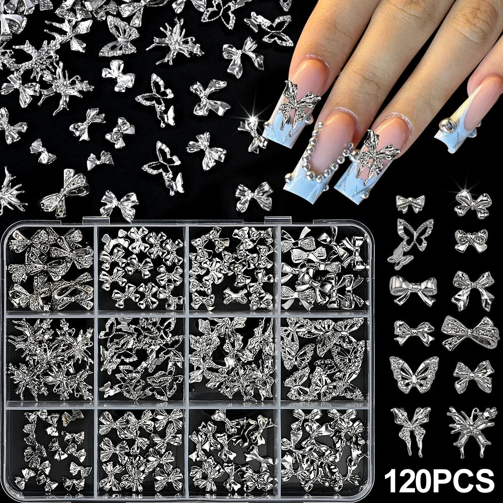 120pcs Blushimmer 3D gold bow and butterfly nail charms with shiny bowtie and star designs for luxury nail art jewelry.