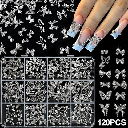 120pcs Blushimmer 3D gold bow and butterfly nail charms with shiny bowtie and star designs for luxury nail art jewelry.