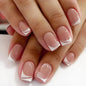 Set of 24 pink and white gradient square fake nail tips with French press design and jelly glue, short full cover false nails by Blushimmer.