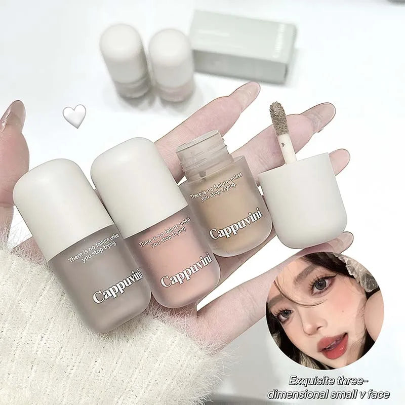 Blushimmer grey-brown facial contour shadow cream and liquid contouring stick for natural 3D nose and face brightening makeup.