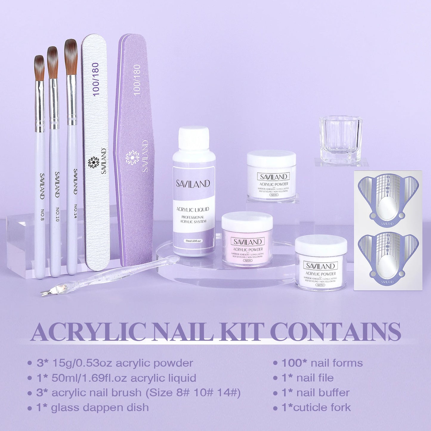 SAVILAND Essentials Acrylic Nail Kit Complete Set for Beginners with White Pink Clear Powder Liquid 8 10 14 Brush Nail Forms