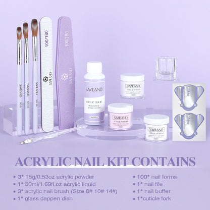 SAVILAND Essentials Acrylic Nail Kit Complete Set for Beginners with White Pink Clear Powder Liquid 8 10 14 Brush Nail Forms