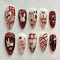 Blushimmer 24-pack wine red almond press-on nails with cartoon rabbit, bowknot, plaid, pearl accents, French style for girls.