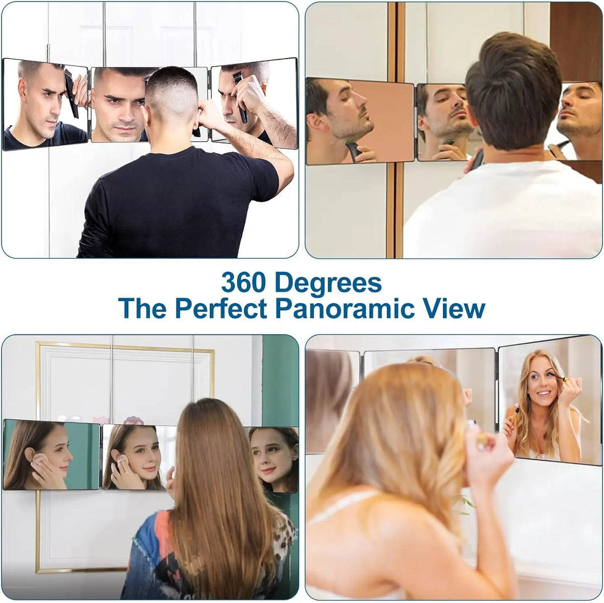 Black 3-way compact folding mirror by Blushimmer, portable tri-fold cosmetic mirror for self hair cutting and makeup.