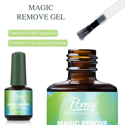 Blushimmer gel nail polish remover in a bottle, quick 2-3 minute formula, gentle on skin, odor-free, no foil or soaking needed.