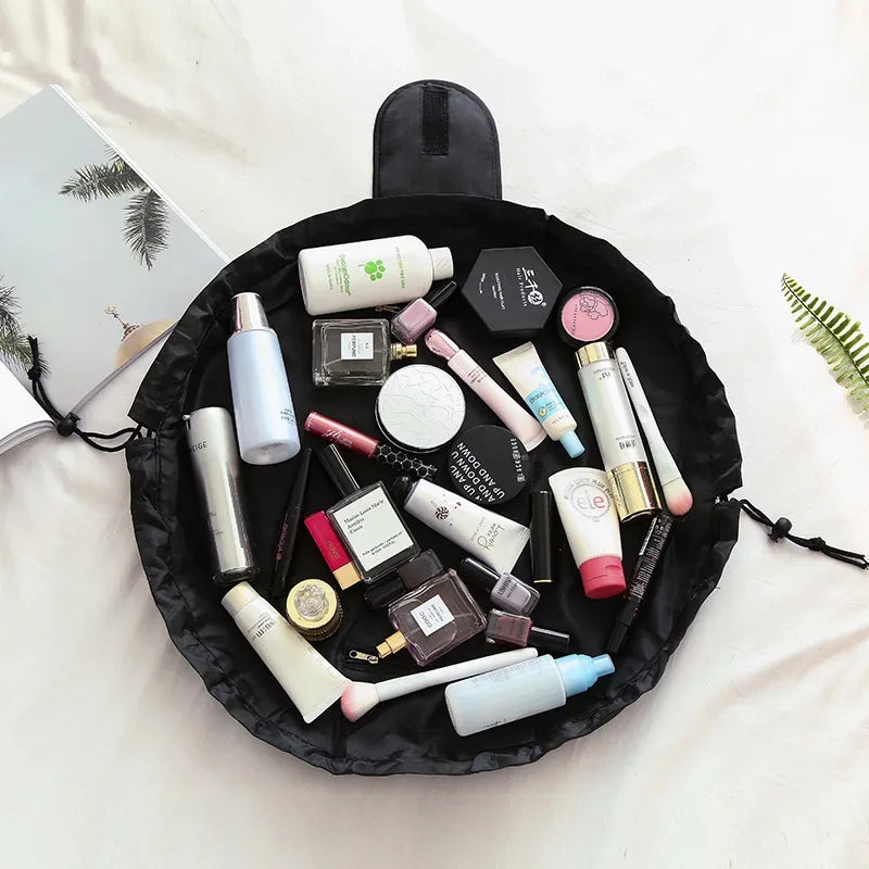 Women’s waterproof cosmetic bag by Blushimmer with drawstring closure, portable travel makeup and toiletry storage organizer.