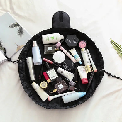 Women’s waterproof cosmetic bag by Blushimmer with drawstring closure, portable travel makeup and toiletry storage organizer.
