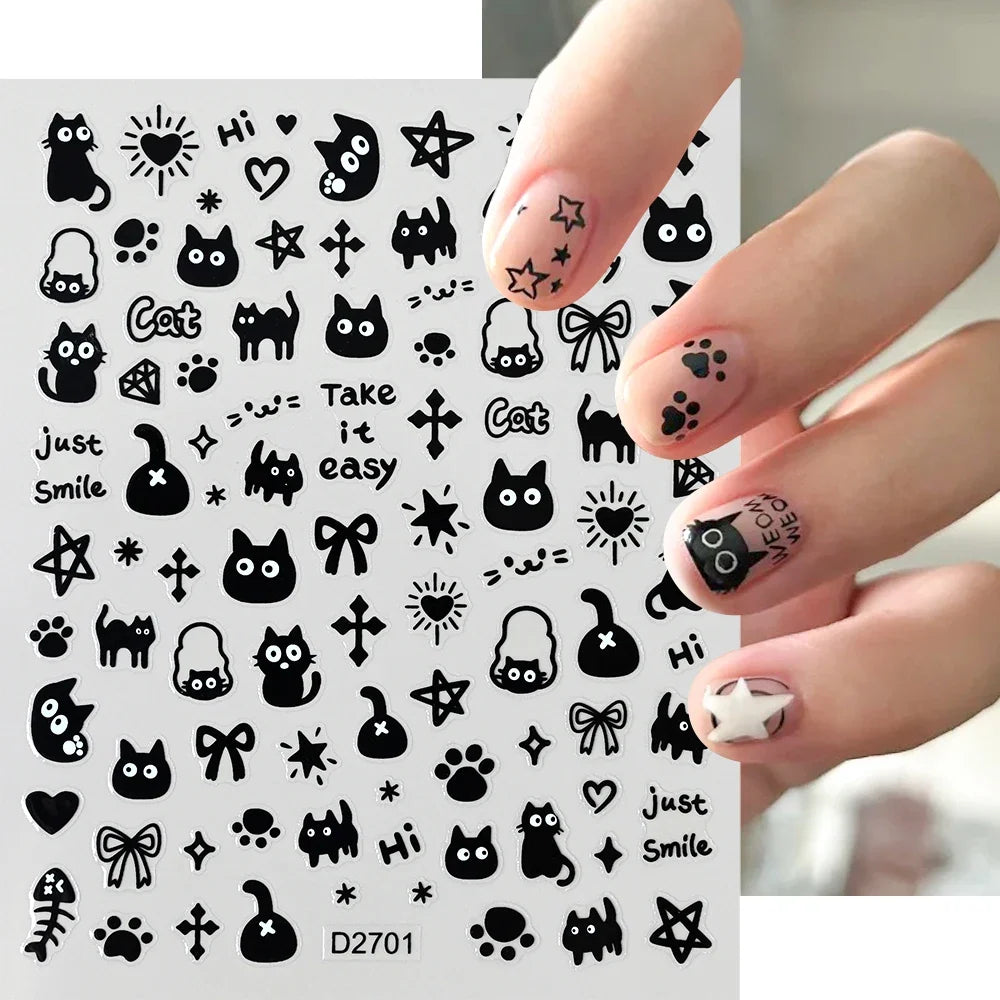 Black cat nail stickers set by Blushimmer featuring kawaii puppy and kitten decals for fun, decorative nail art and manicures.