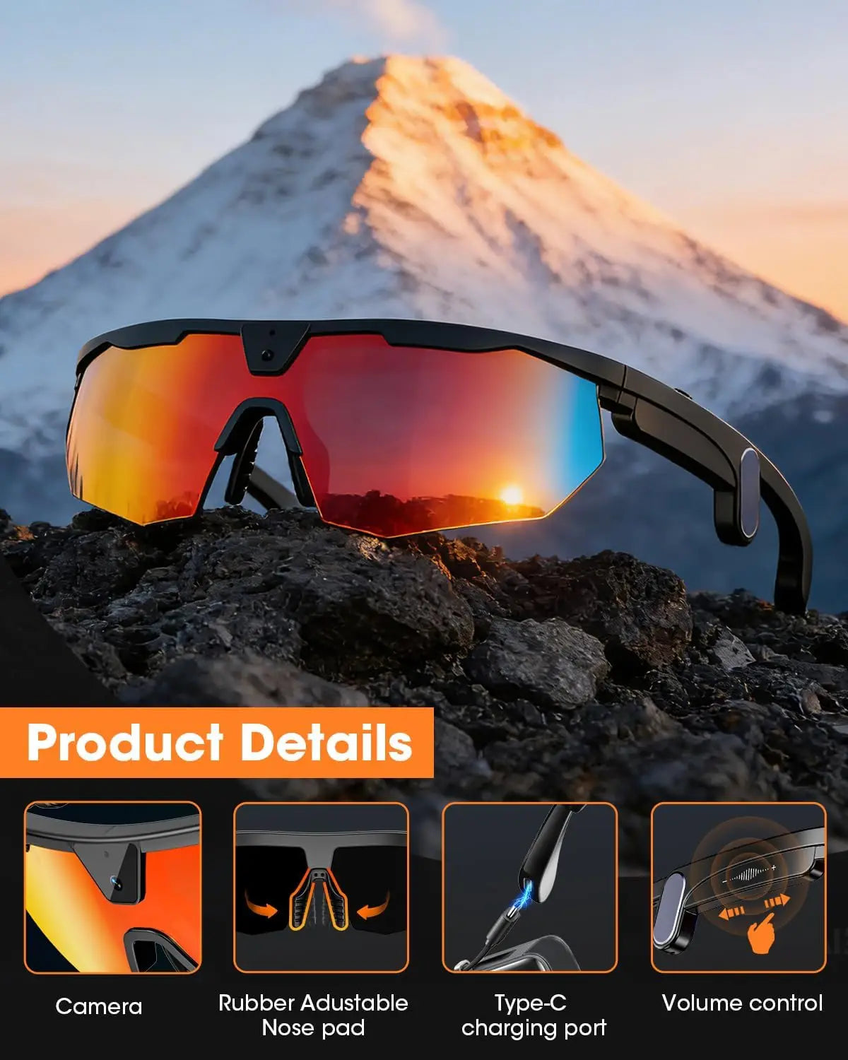 Smart Glasses 4K HD Anti-Shake Camera 3D Stereo Speakers Polarized UV400 Bluetooth AI for Outdoor Video Photo Music Black