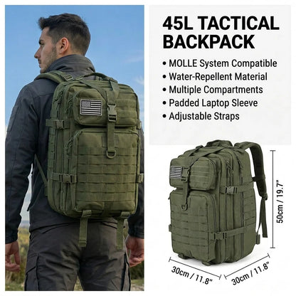 ReFireGearUS 45L tactical hunting backpack with Molle, camouflage, water-resistant outdoor field bag, multiple pockets for camping and hiking.