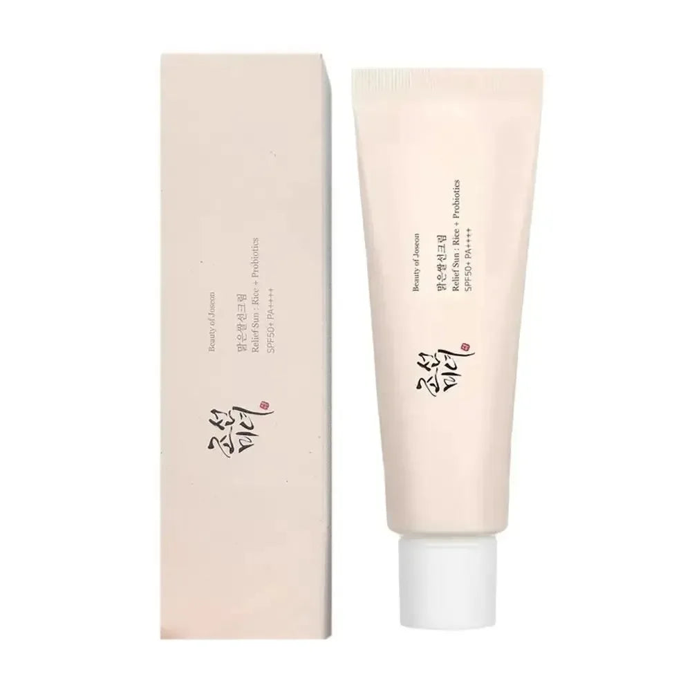 Silcy Skin SPF50+ anti-UV sunblock facial cream in a 50ml tube, suitable for face and body, with rice probiotic ingredients.