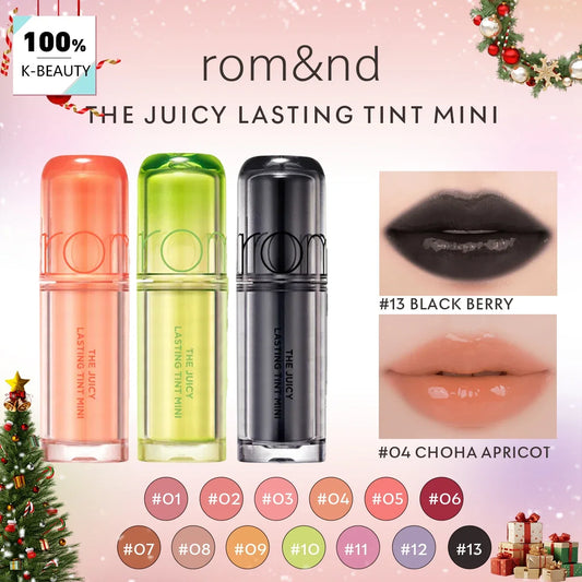 Rom&nd THE JUICY LASTING TINT MINI in glossy, lightweight formula with a portable design, perfect for natural Korean makeup looks.