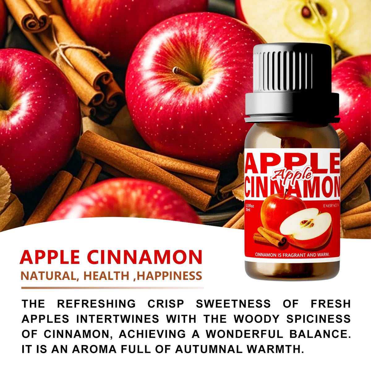 Blushimmer 10ml apple cinnamon essential oil perfume bottle, aromatic, sweet fragrance for aromatherapy, skincare, and hair care.