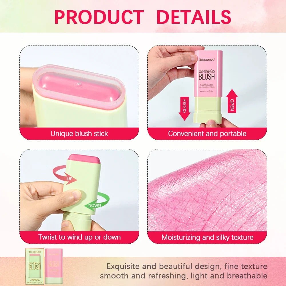 Blushimmer makeup blush stick with bright, waterproof cream formula in vibrant pink for easy application and skin tone brightening.