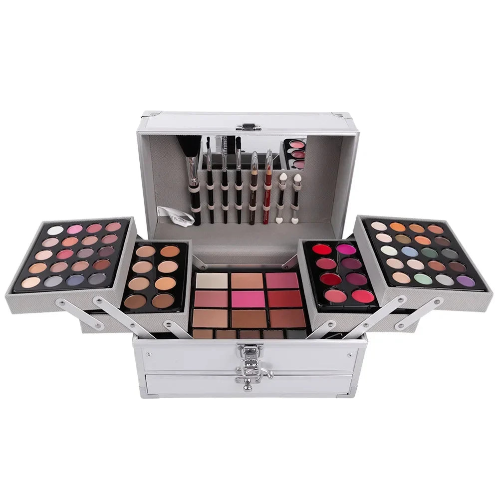 Blushimmer makeup gift set for women with face powder, eyeshadow palette, lipstick, highlighter, bronzer, and makeup brushes.