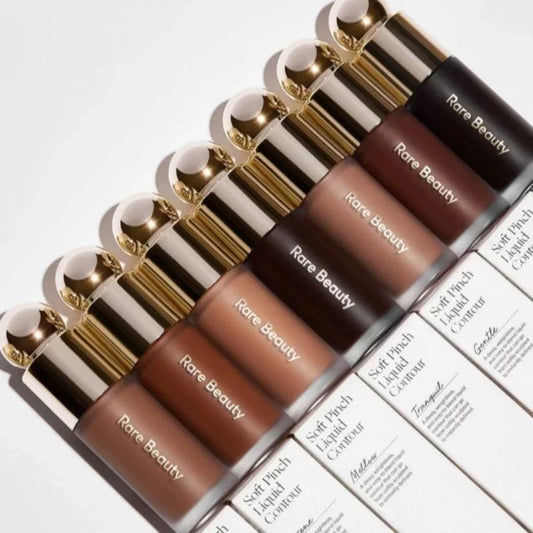 Blushimmer Rare Beauty 3D Face Contour Liquid Bronzer in shade with mirror, showcasing smooth, natural nose shadow and brightening makeup effect.