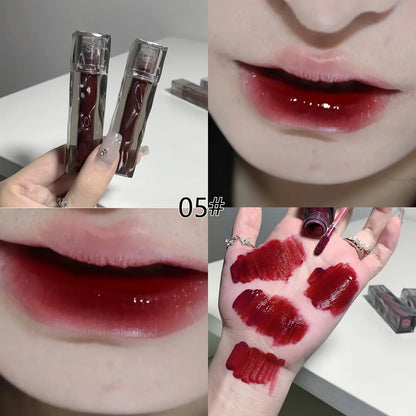 Blushimmer Bear Mirror Lip Glaze with shiny, hydrating watery texture and long-lasting glossy finish on lips.
