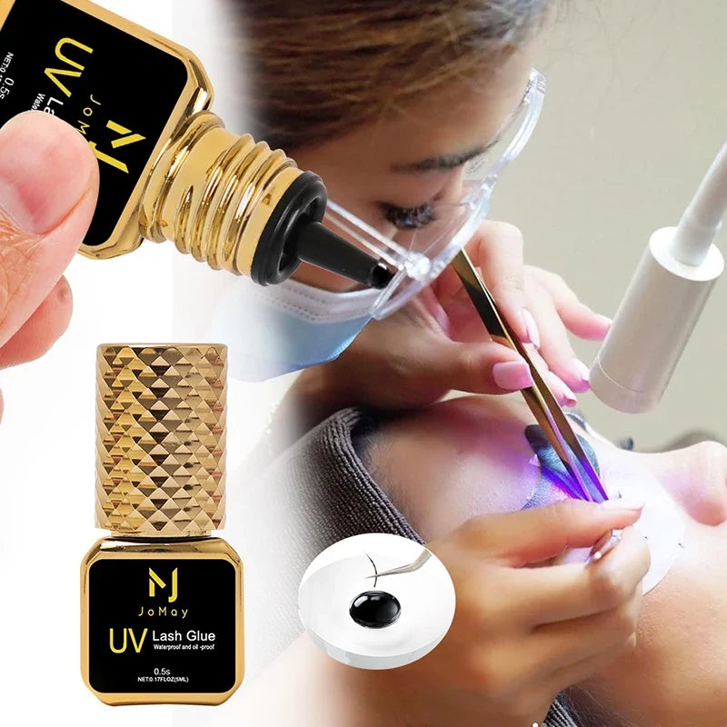 JOMAY black eyelash extension glue by Blushimmer, fast-drying UV lash adhesive with applicator tip and lash remover.