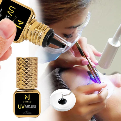 JOMAY black eyelash extension glue by Blushimmer, fast-drying UV lash adhesive with applicator tip and lash remover.