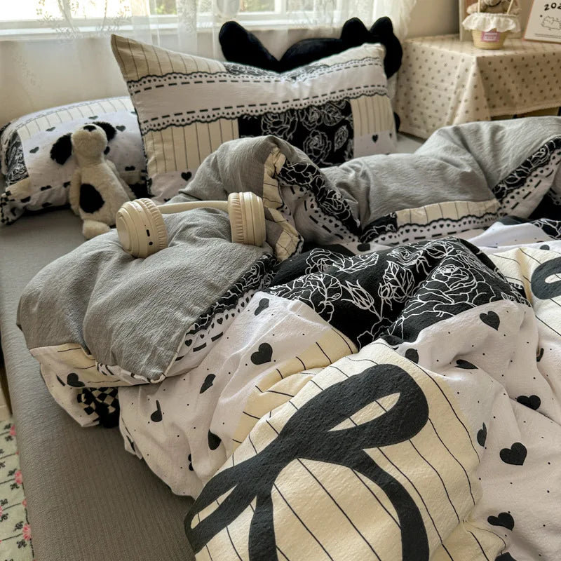New Cartoon Printed Cotton and Linen Bed Sets Skin-Friendly Colorfast Bedding Set for Four Seasons Soft Breathable Bedroom Decor