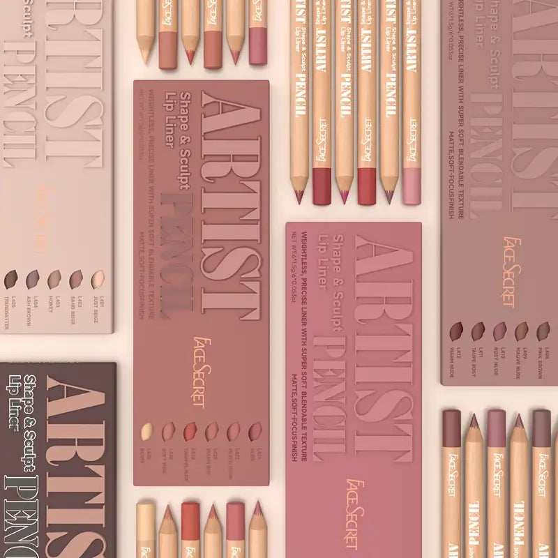 Six velvet matte lip liners by Blushimmer in shades of berry, brown, and pink, designed for long-lasting lip makeup.