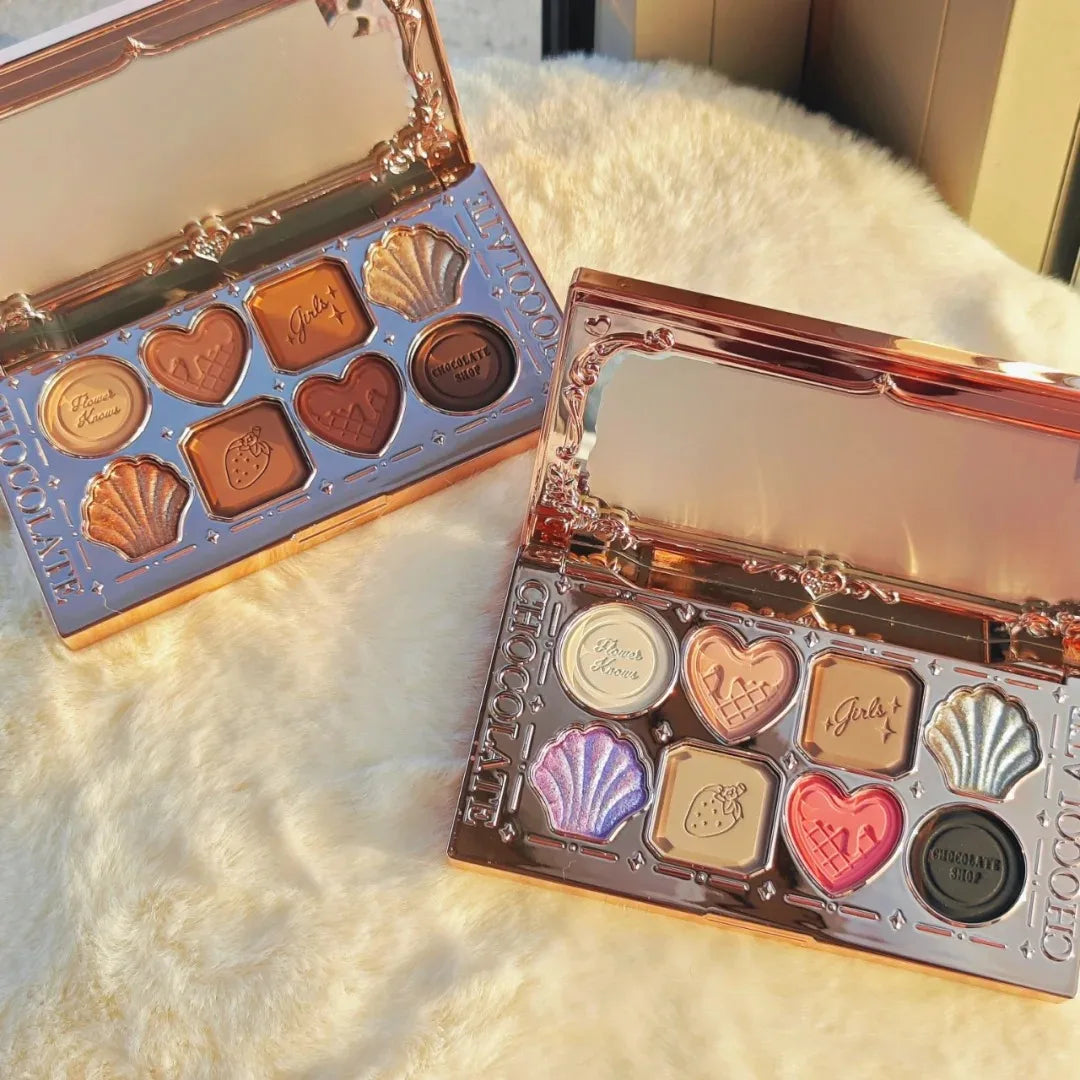 Blushimmer Flower Knows Chocolate Wonder-Shop 8-color eyeshadow palette with neutral and warm shades in sleek packaging