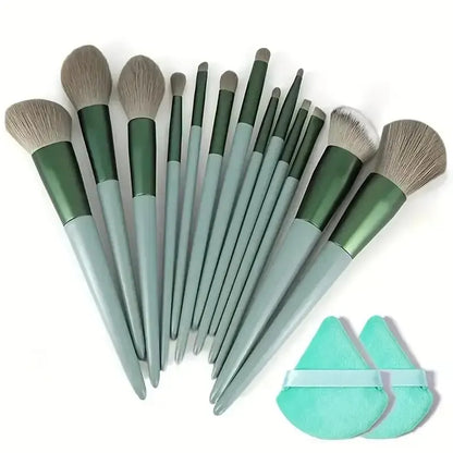 Set of soft, fluffy makeup brushes by Blushimmer for foundation, powder, eyeshadow, and blending in a professional cosmetic kit.
